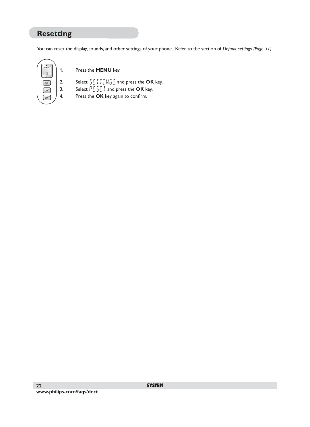 Philips DECT 221 user manual Resetting 