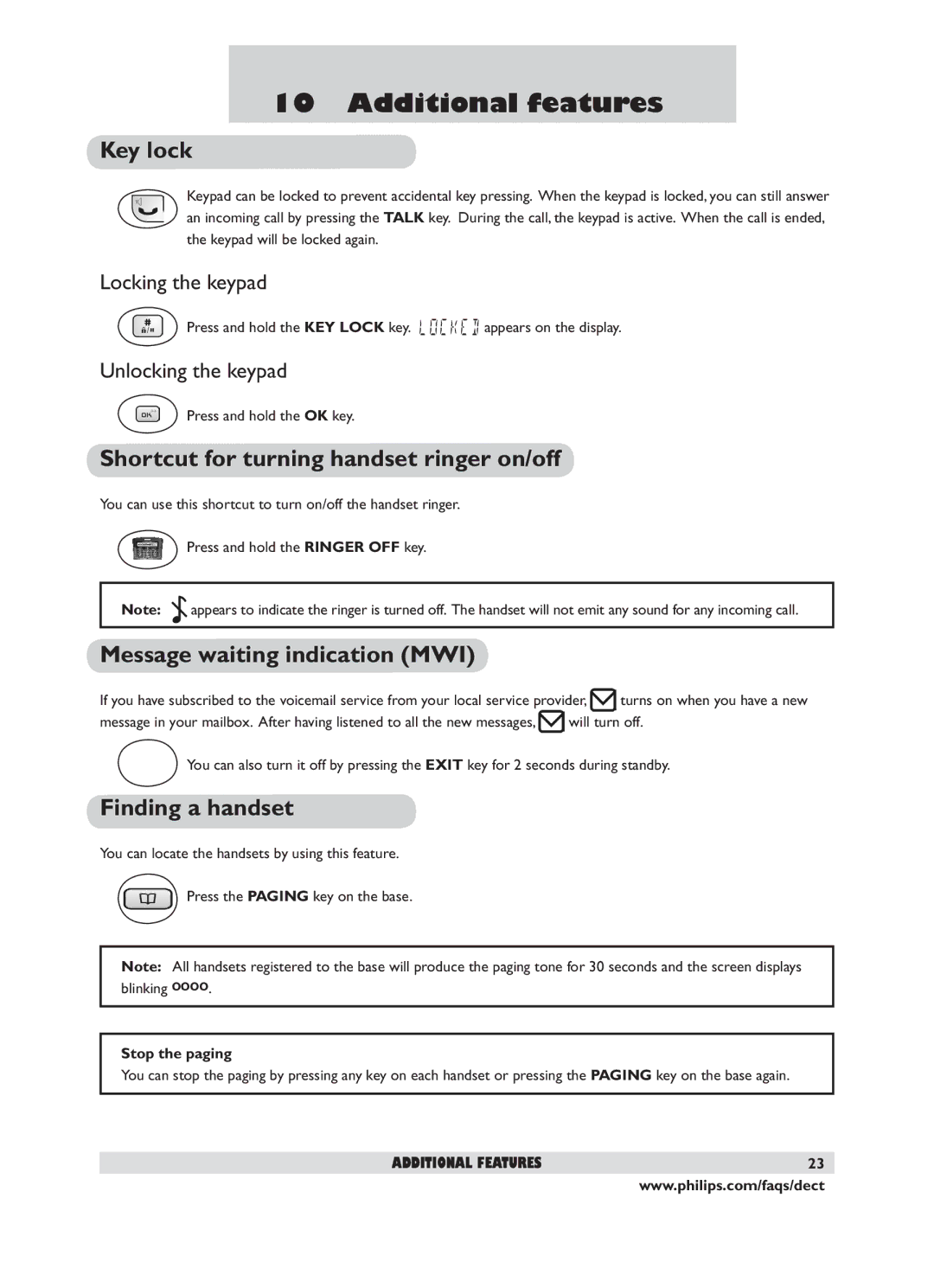 Philips DECT 221 Additional features, Key lock, Shortcut for turning handset ringer on/off, Message waiting indication MWI 