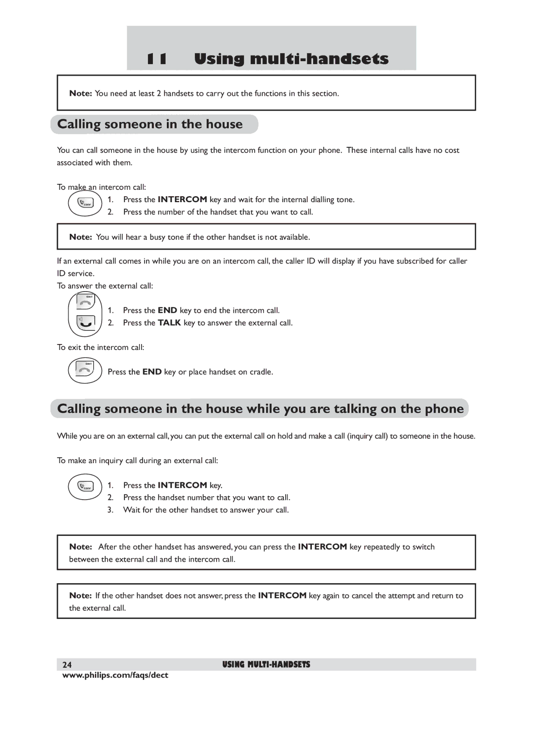 Philips DECT 221 user manual Using multi-handsets, Calling someone in the house, Press the Intercom key 