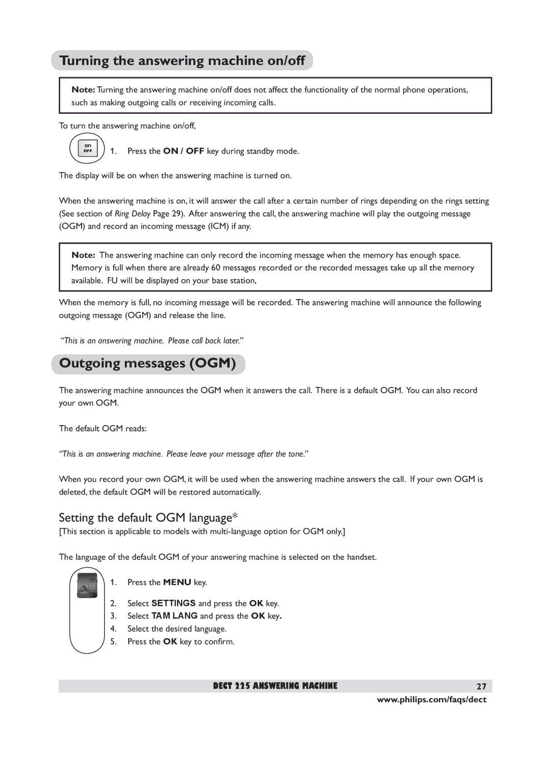 Philips DECT 221 user manual Turning the answering machine on/off, Outgoing messages OGM, Setting the default OGM language 