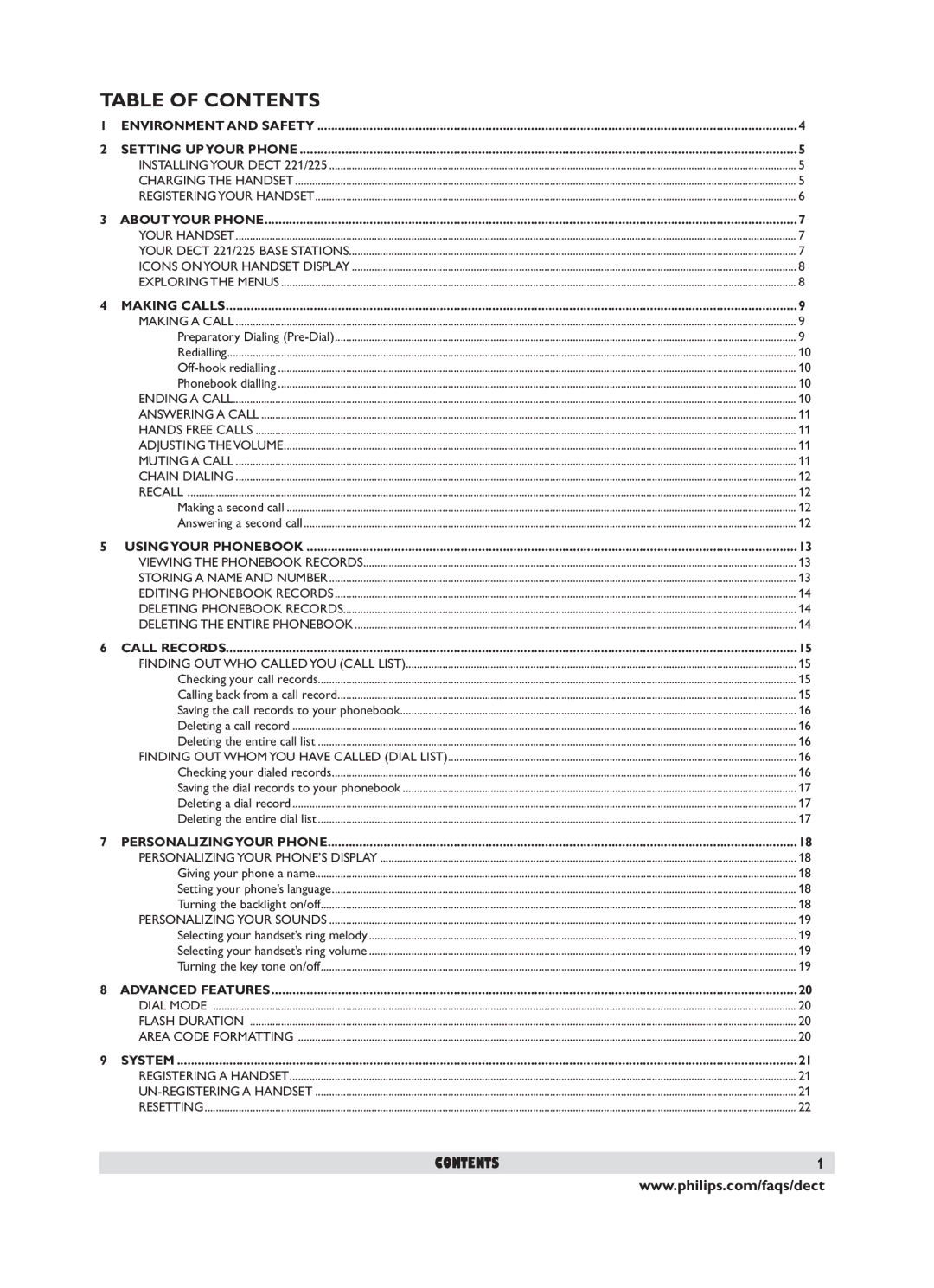 Philips DECT 221 user manual Table of Contents 