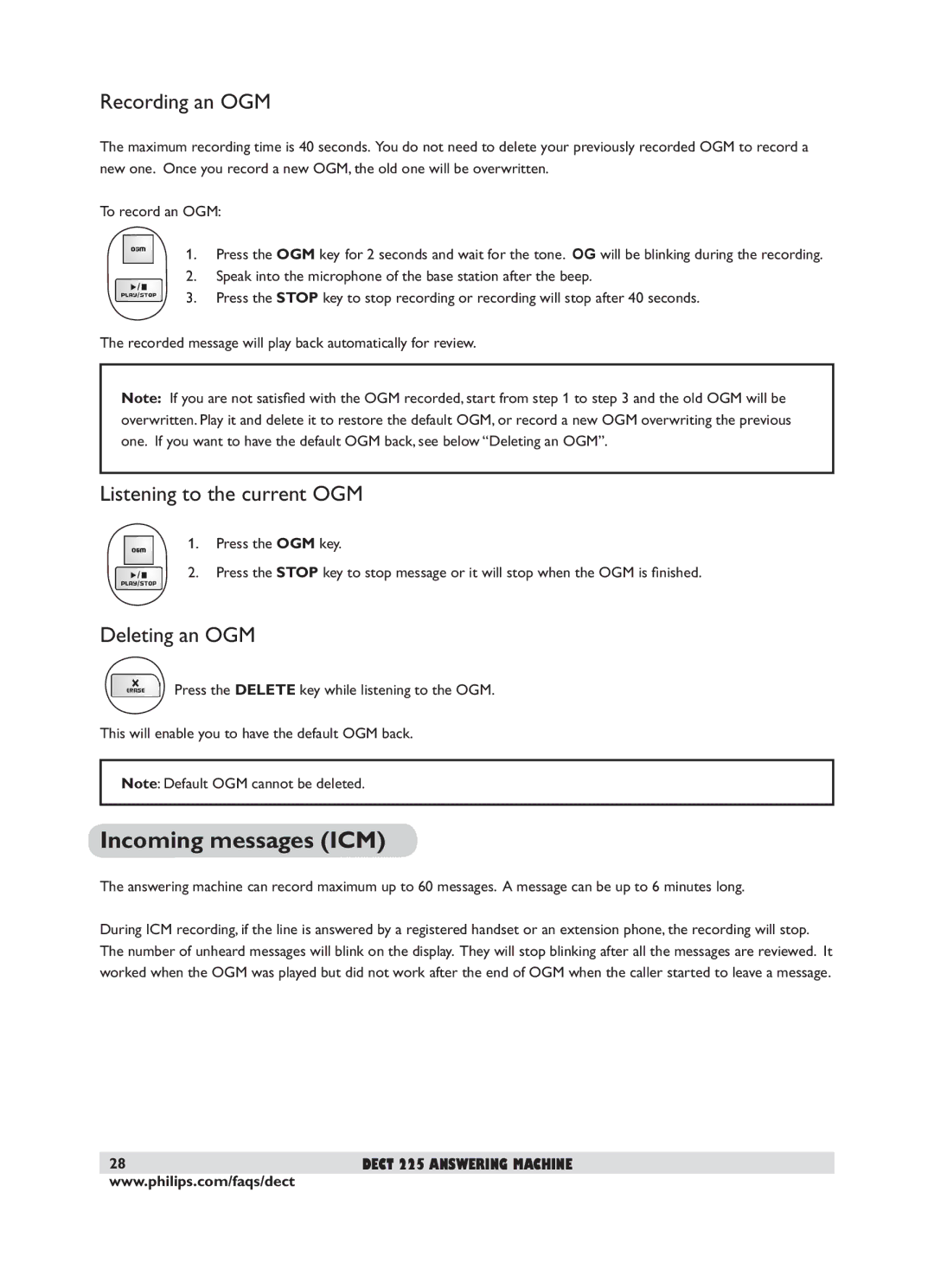 Philips DECT 221 user manual Incoming messages ICM, Recording an OGM, Listening to the current OGM, Deleting an OGM 