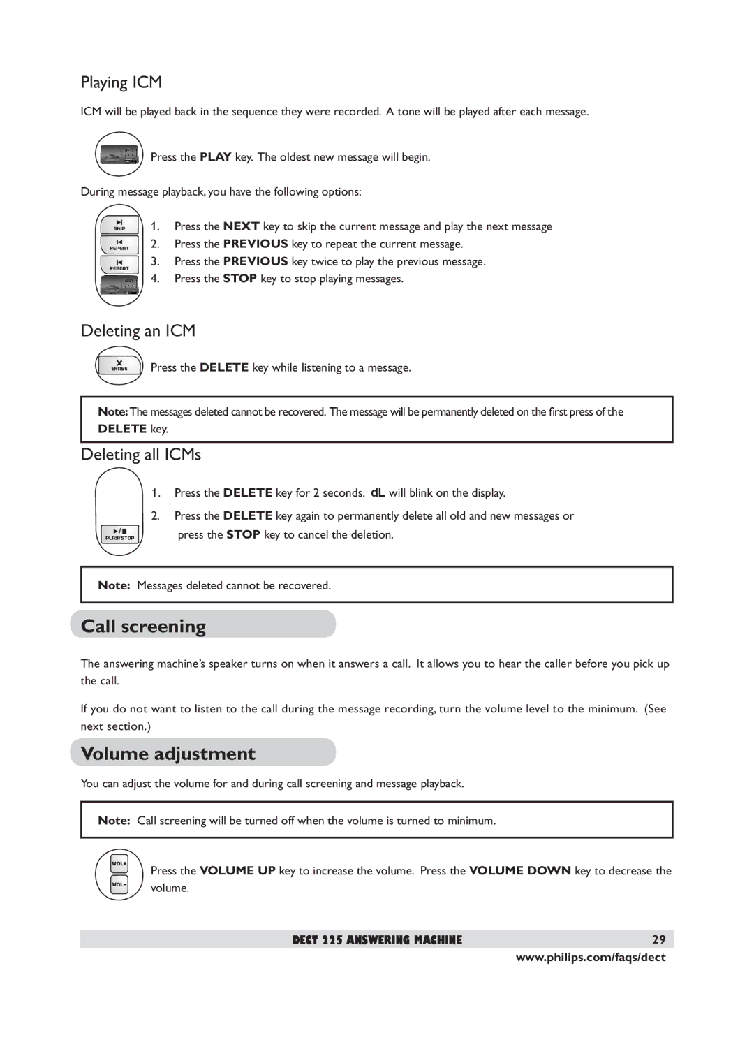 Philips DECT 221 user manual Call screening, Volume adjustment, Playing ICM, Deleting an ICM, Deleting all ICMs 