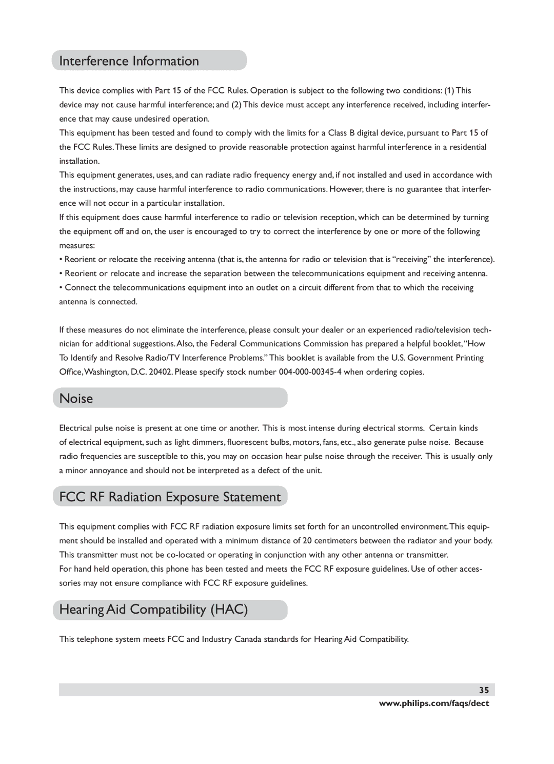 Philips DECT 221 user manual Interference Information 