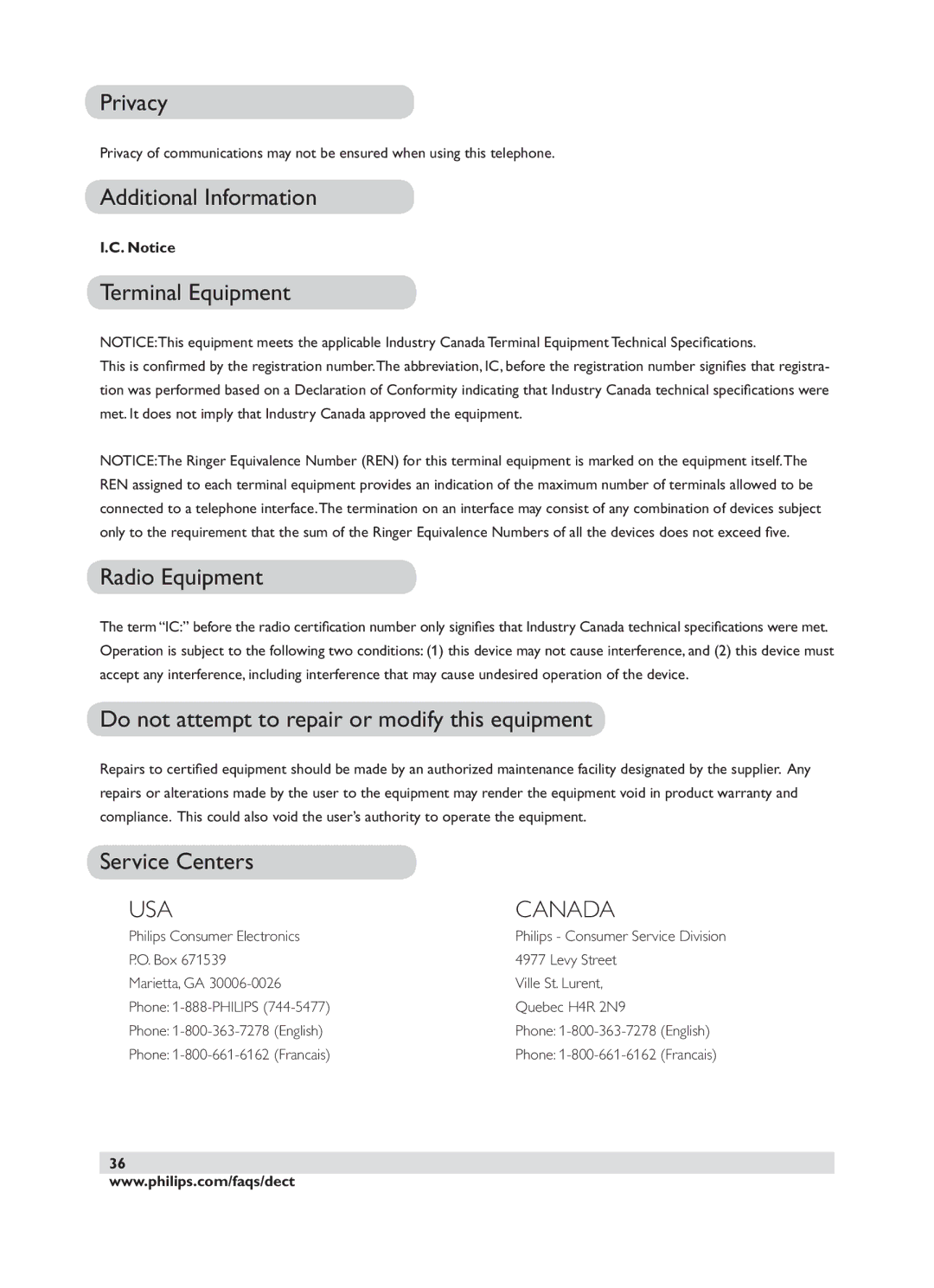 Philips DECT 221 user manual USA Canada 