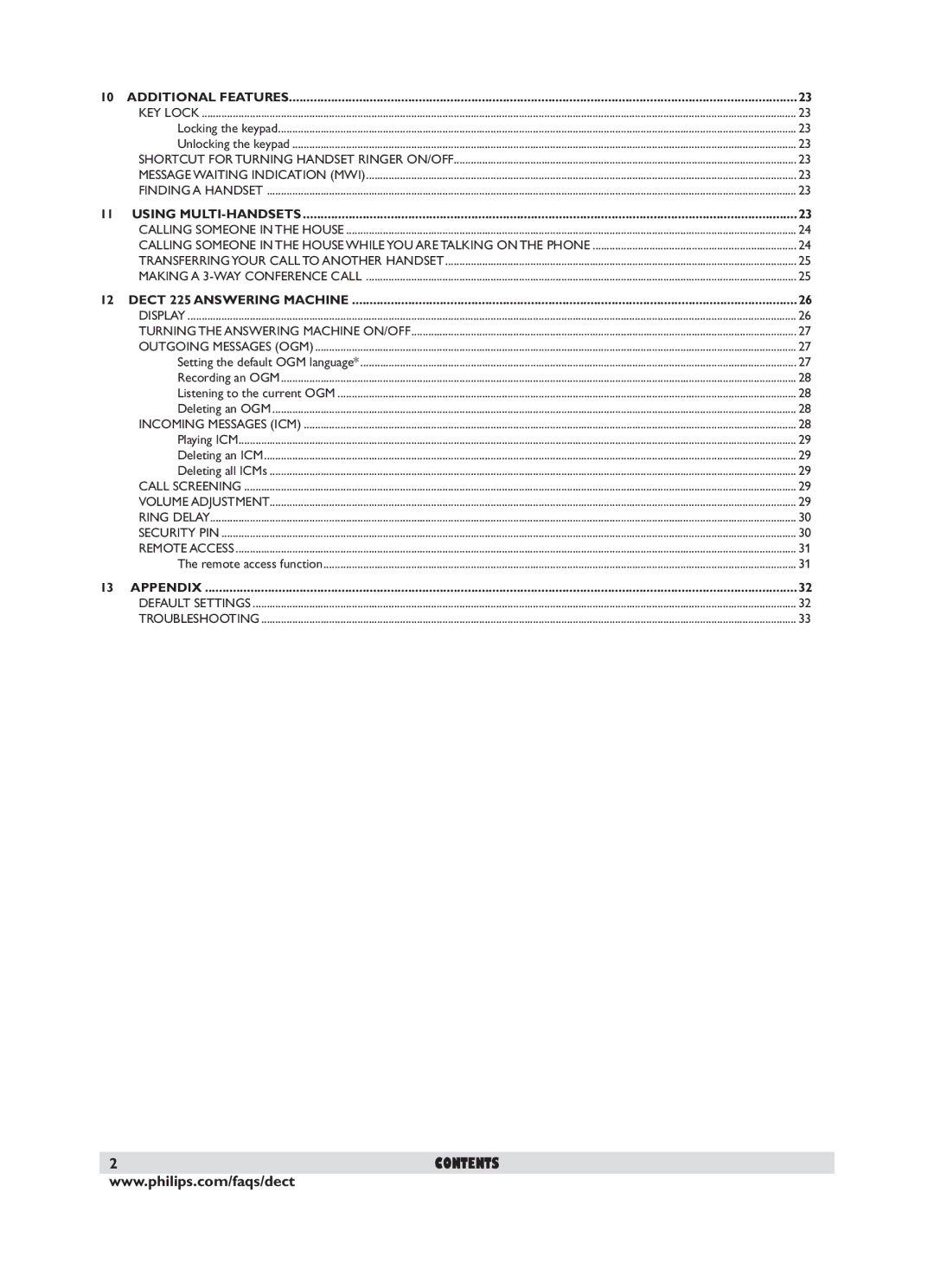 Philips DECT 221 user manual Contents 