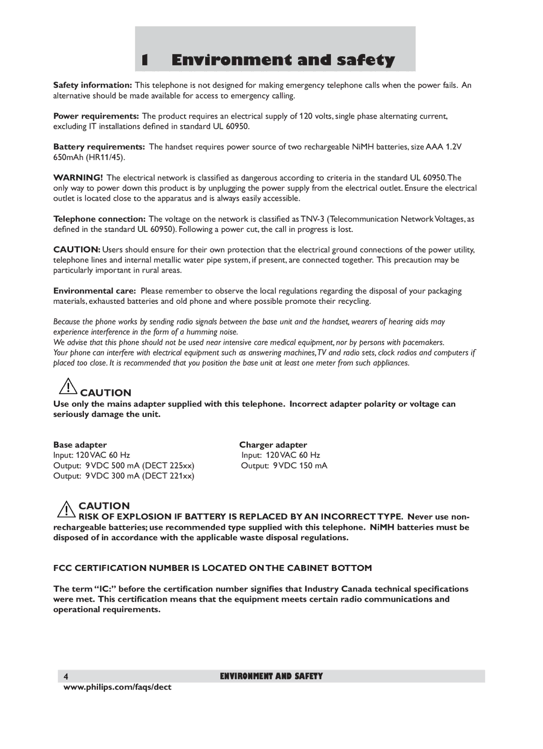 Philips DECT 221 user manual Environment and safety, FCC Certification Number is Located on the Cabinet Bottom 