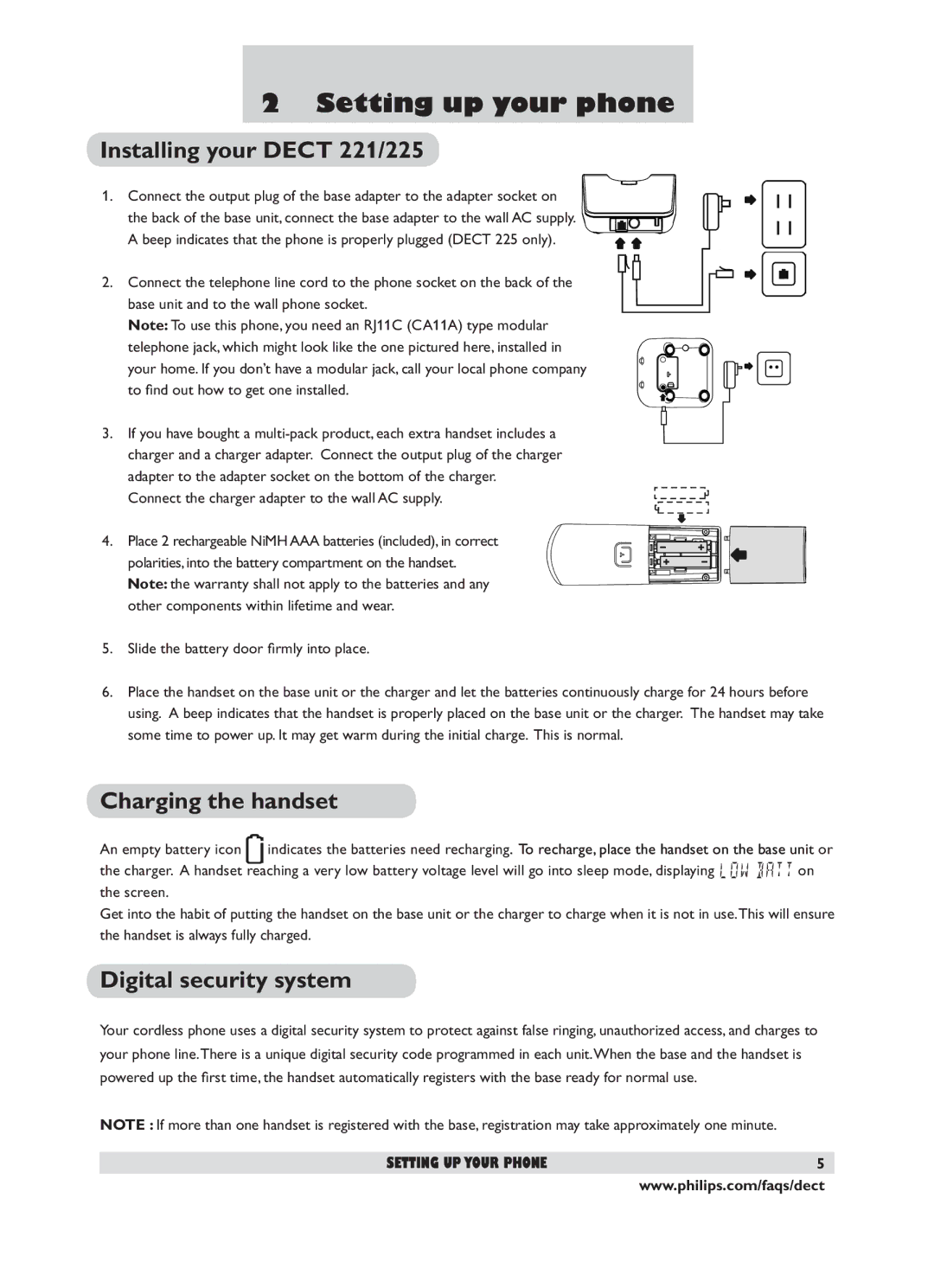 Philips DECT 221 Setting up your phone, Installing your Dect 221/225, Charging the handset, Digital security system 