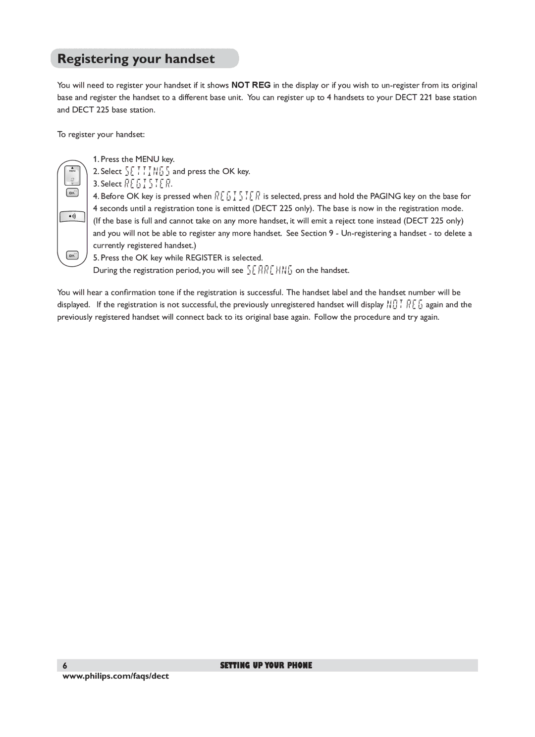 Philips DECT 221 user manual Registering your handset 