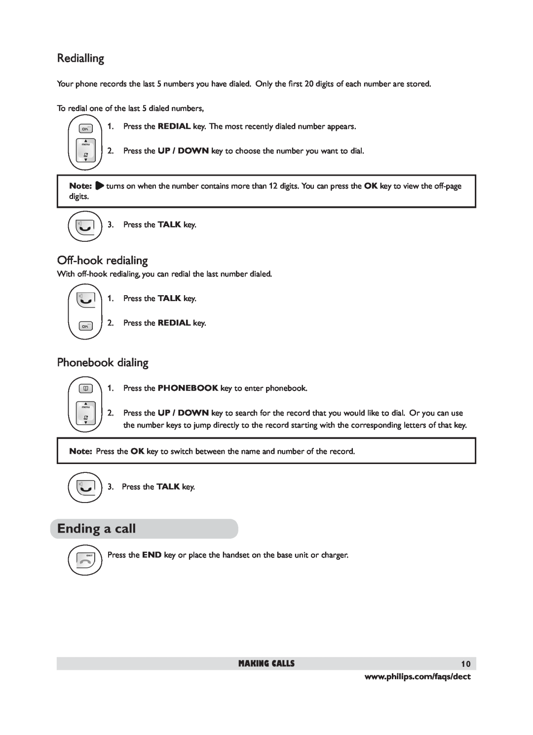 Philips DECT 221 user manual Ending a call, Redialling, Off-hook redialing, Phonebook dialing, Making Calls 