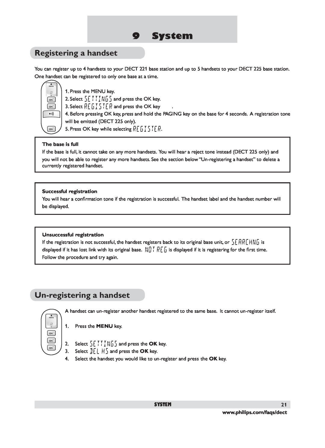 Philips DECT 221 user manual System, Registering a handset, Un-registering a handset 