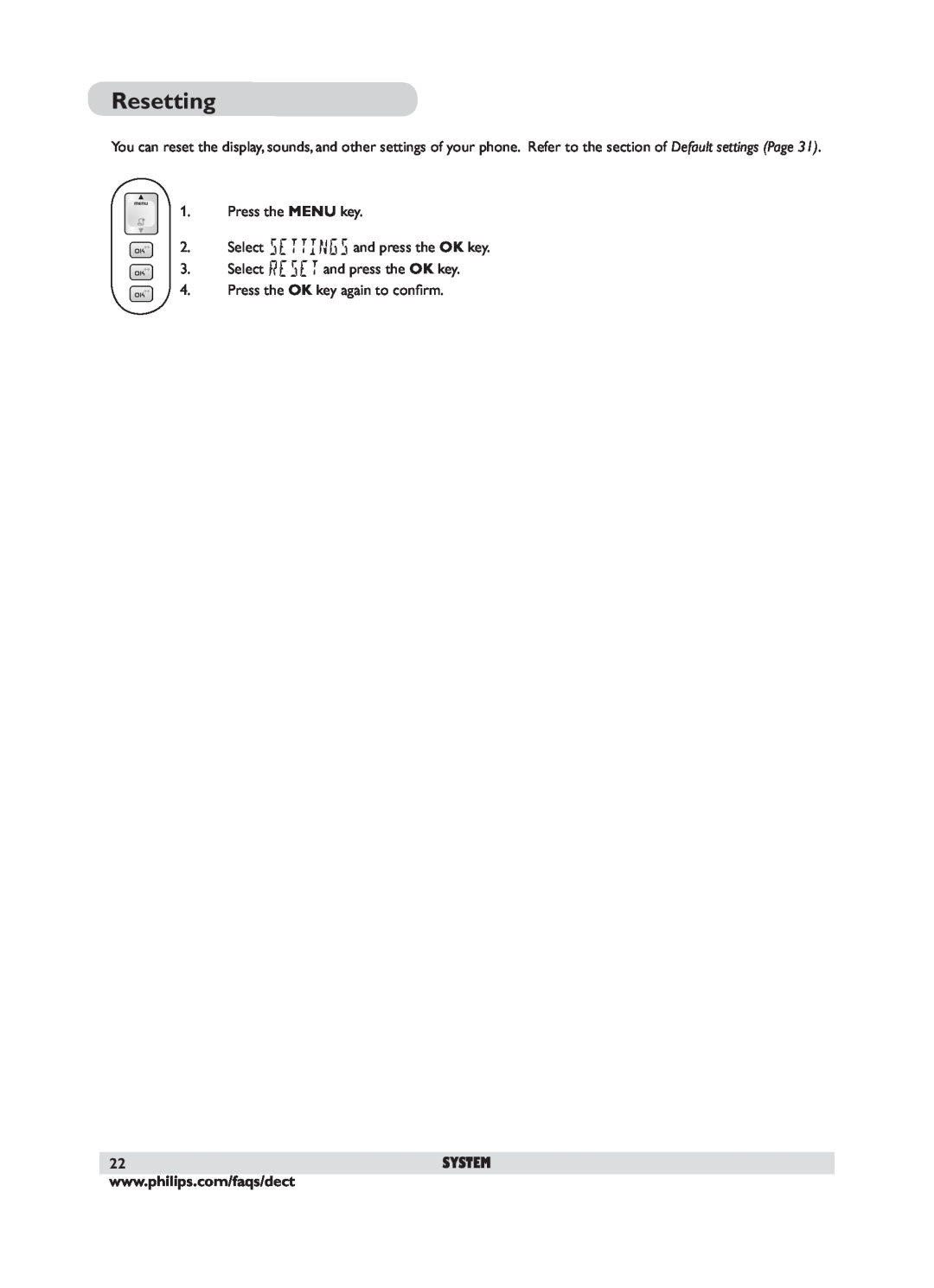 Philips DECT 221 user manual Resetting 