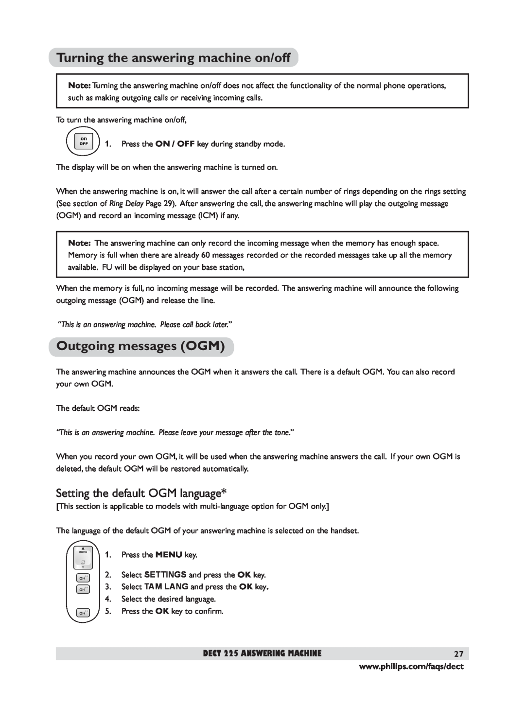 Philips DECT 221 user manual Turning the answering machine on/off, Outgoing messages OGM, Setting the default OGM language 