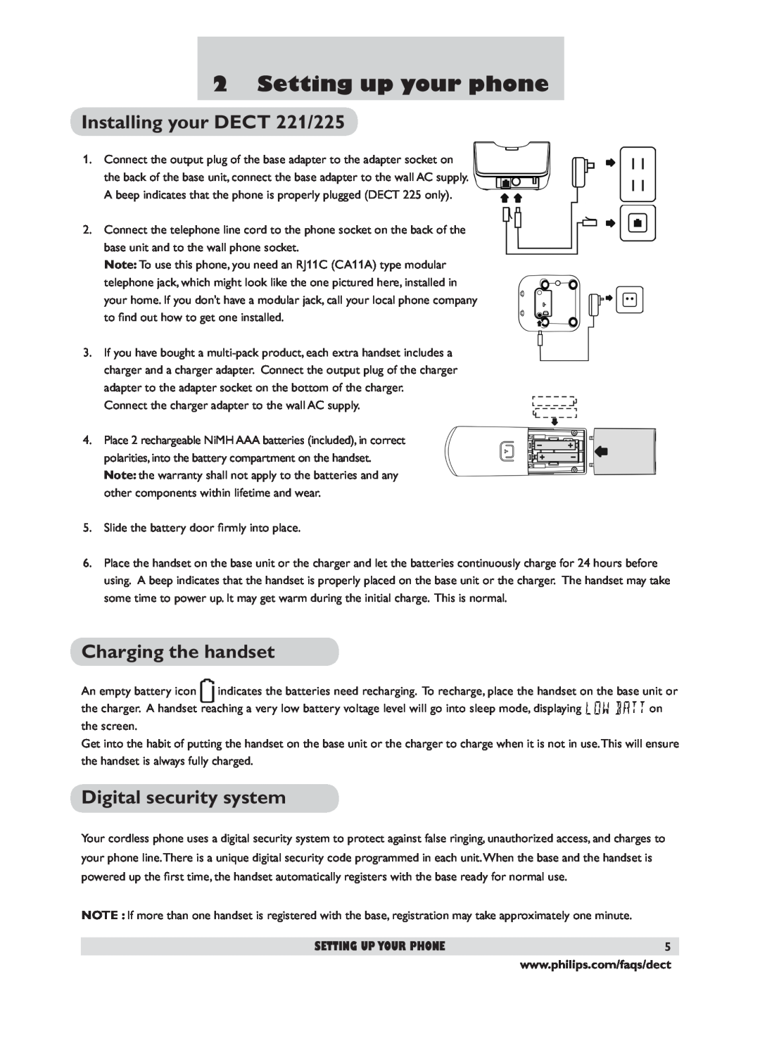 Philips user manual Setting up your phone, Installing your DECT 221/225, Charging the handset, Digital security system 