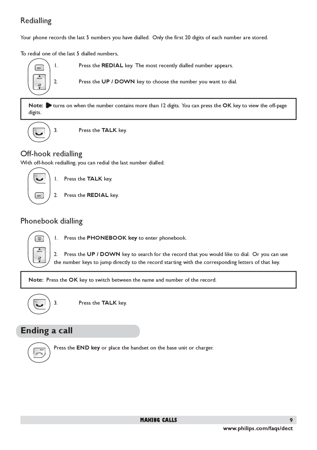 Philips DECT 225 manual Ending a call, Redialling, Off-hook redialling, Phonebook dialling 