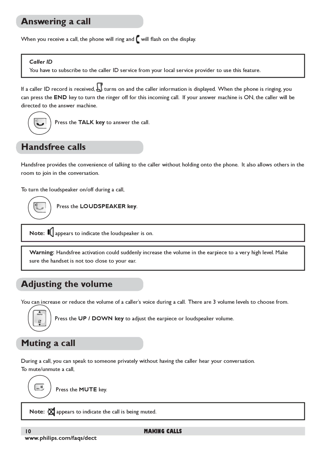 Philips DECT 225 manual Answering a call, Handsfree calls, Adjusting the volume, Muting a call, Caller ID 