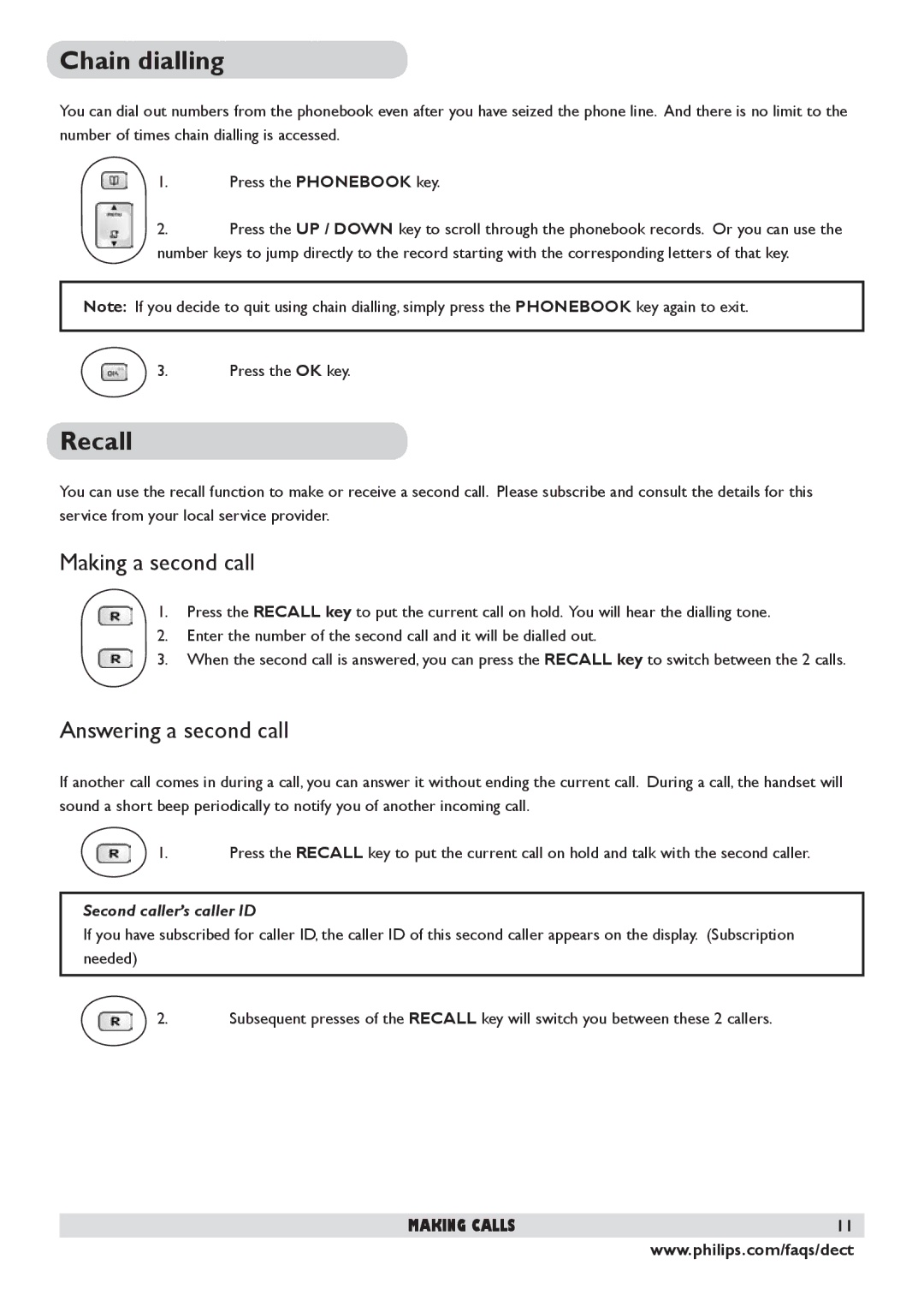 Philips DECT 225 manual Chain dialling, Recall, Making a second call, Answering a second call, Second caller’s caller ID 