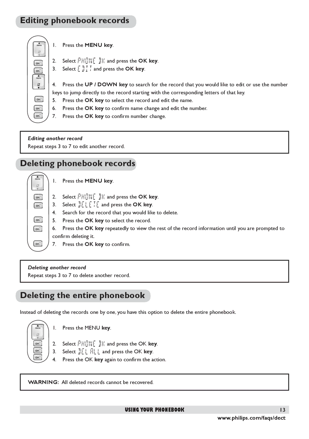 Philips DECT 225 manual Editing phonebook records, Deleting phonebook records, Deleting the entire phonebook 