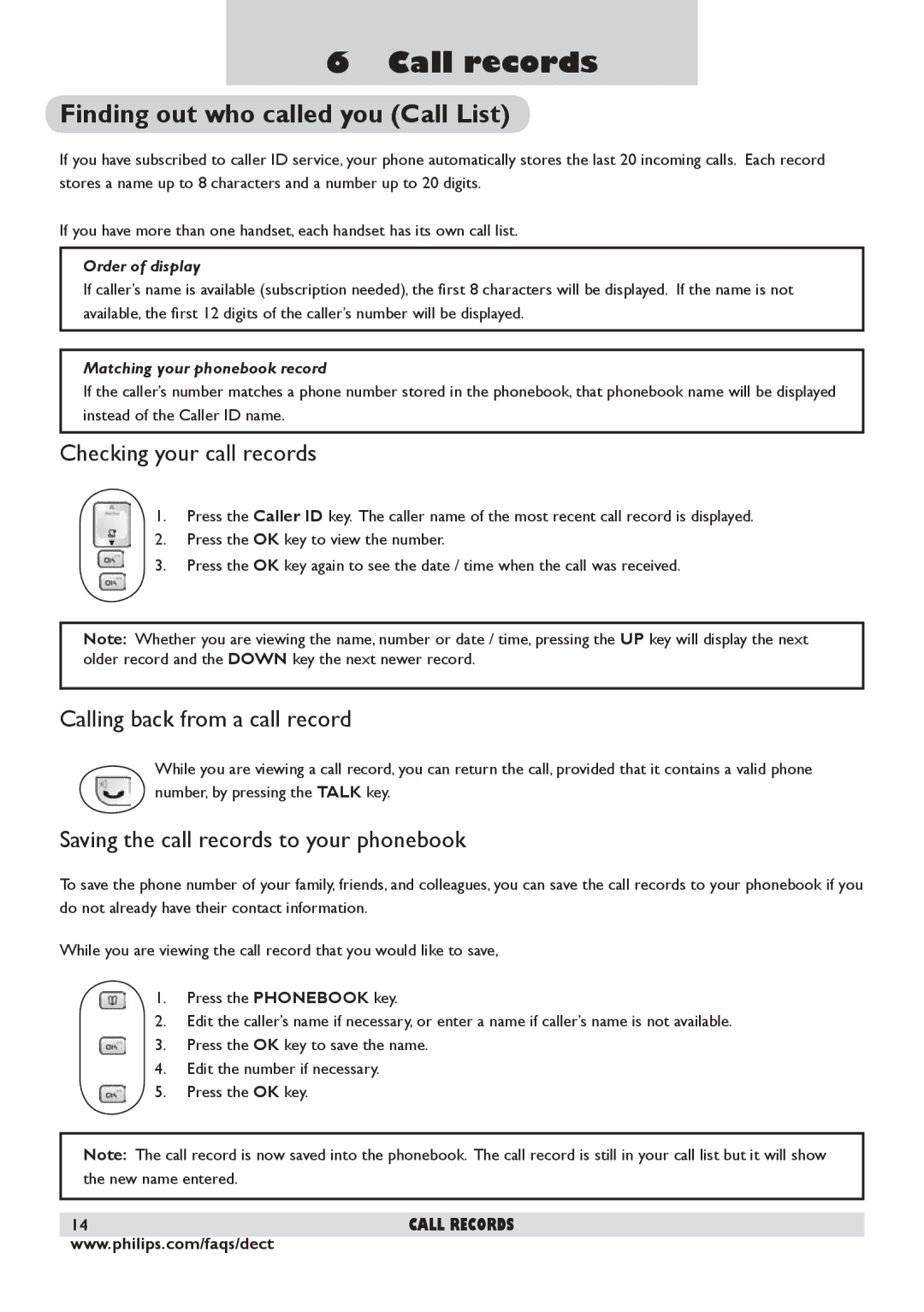 Philips DECT 225 manual Call records, Finding out who called you Call List, Checking your call records 