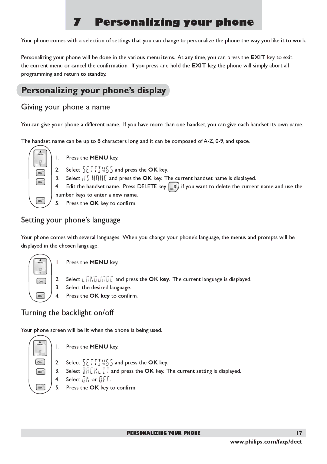 Philips DECT 225 manual Personalizing your phone’s display, Giving your phone a name, Setting your phone’s language 