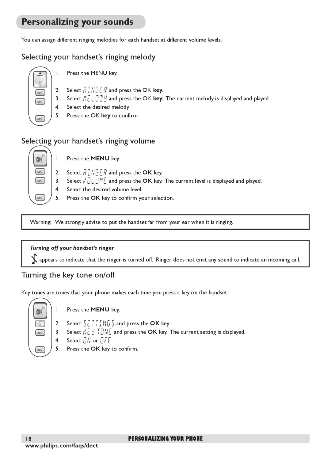 Philips DECT 225 manual Personalizing your sounds, Selecting your handset’s ringing melody, Turning the key tone on/off 