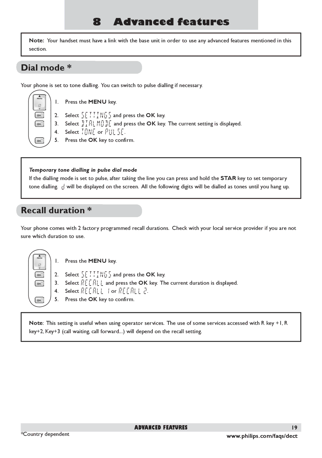 Philips DECT 225 manual Advanced features, Dial mode, Recall duration, Temporary tone dialling in pulse dial mode 