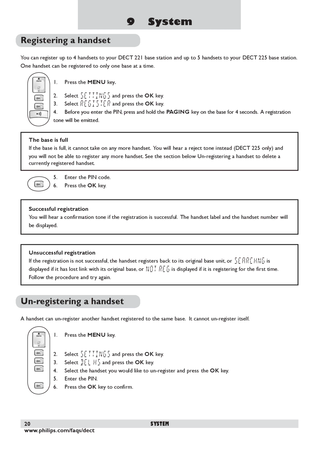 Philips DECT 225 manual System, Registering a handset, Un-registering a handset 