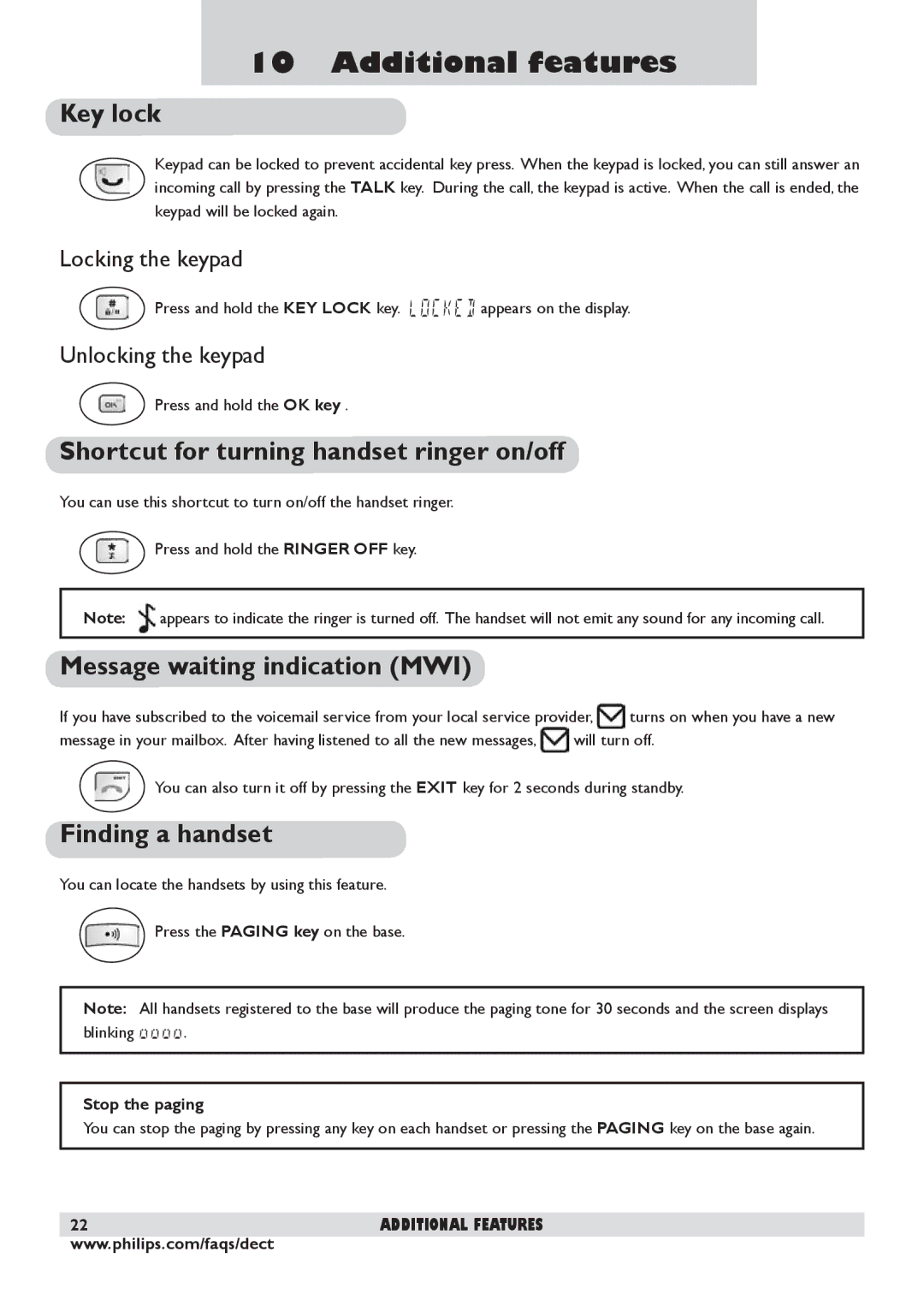 Philips DECT 225 Additional features, Key lock, Shortcut for turning handset ringer on/off, Message waiting indication MWI 