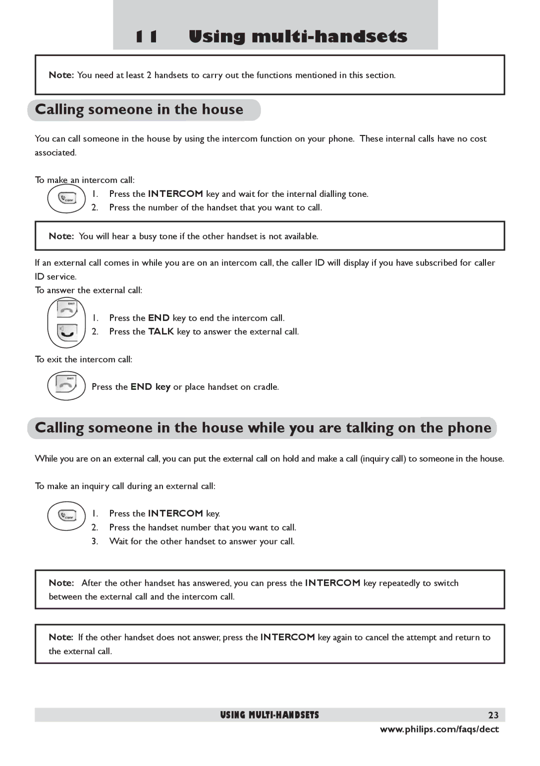 Philips DECT 225 manual Using multi-handsets, Calling someone in the house 