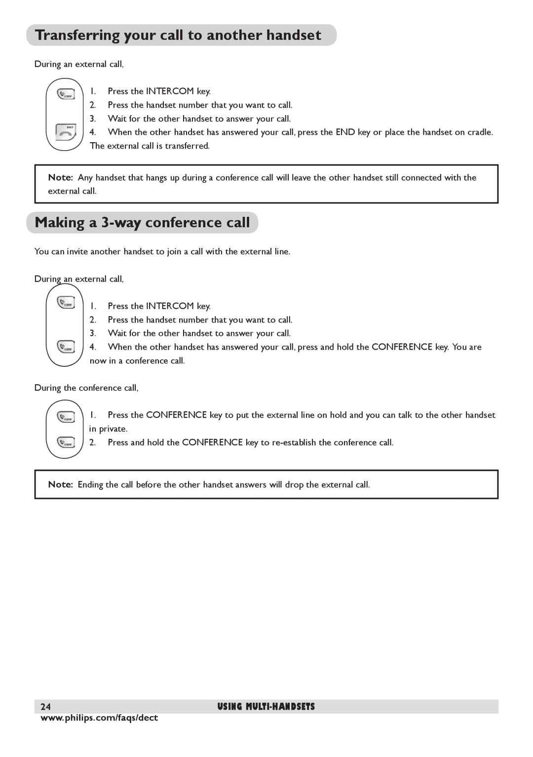 Philips DECT 225 manual Transferring your call to another handset, Making a 3-way conference call 