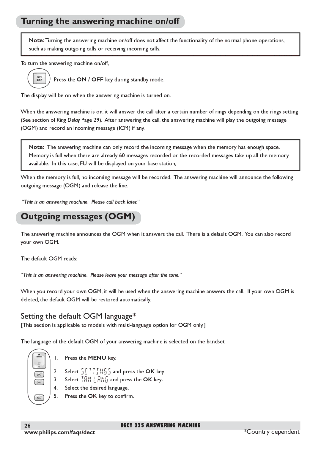 Philips DECT 225 manual Turning the answering machine on/off, Outgoing messages OGM, Setting the default OGM language 