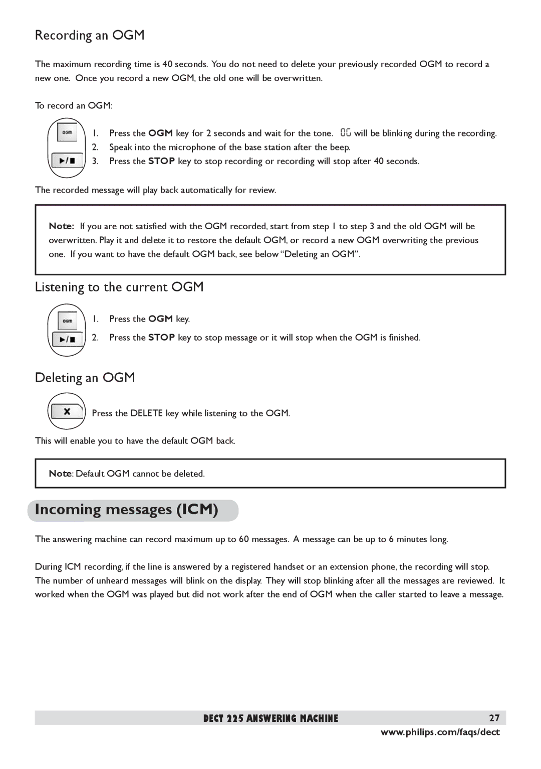 Philips DECT 225 manual Incoming messages ICM, Recording an OGM, Listening to the current OGM, Deleting an OGM 