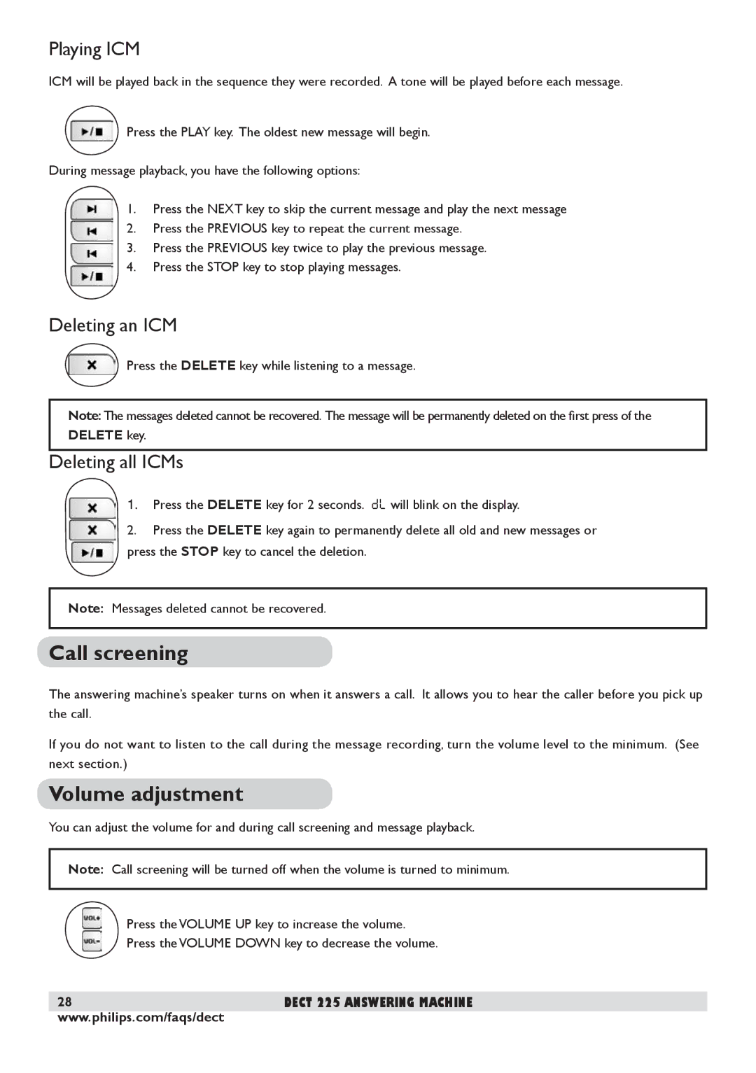 Philips DECT 225 manual Call screening, Volume adjustment, Playing ICM, Deleting an ICM, Deleting all ICMs 