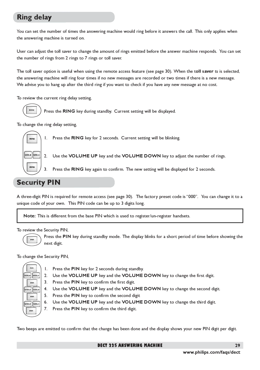 Philips DECT 225 manual Ring delay, Security PIN 