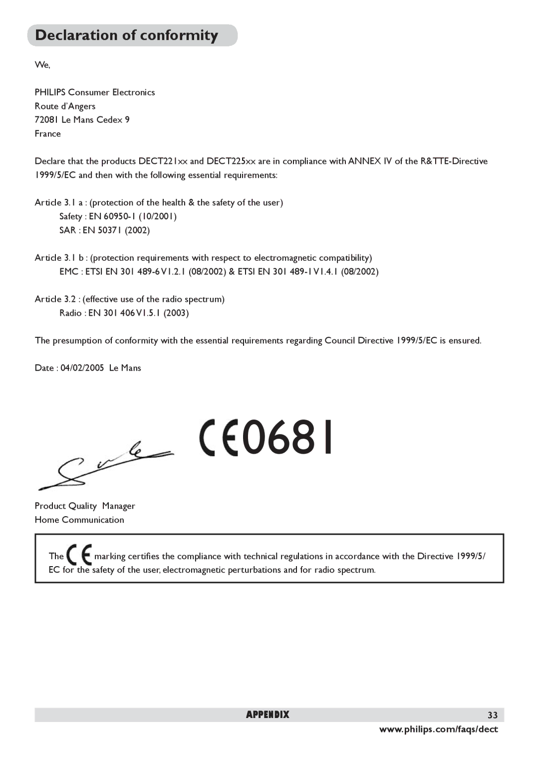 Philips DECT 225 manual 0681, Declaration of conformity 