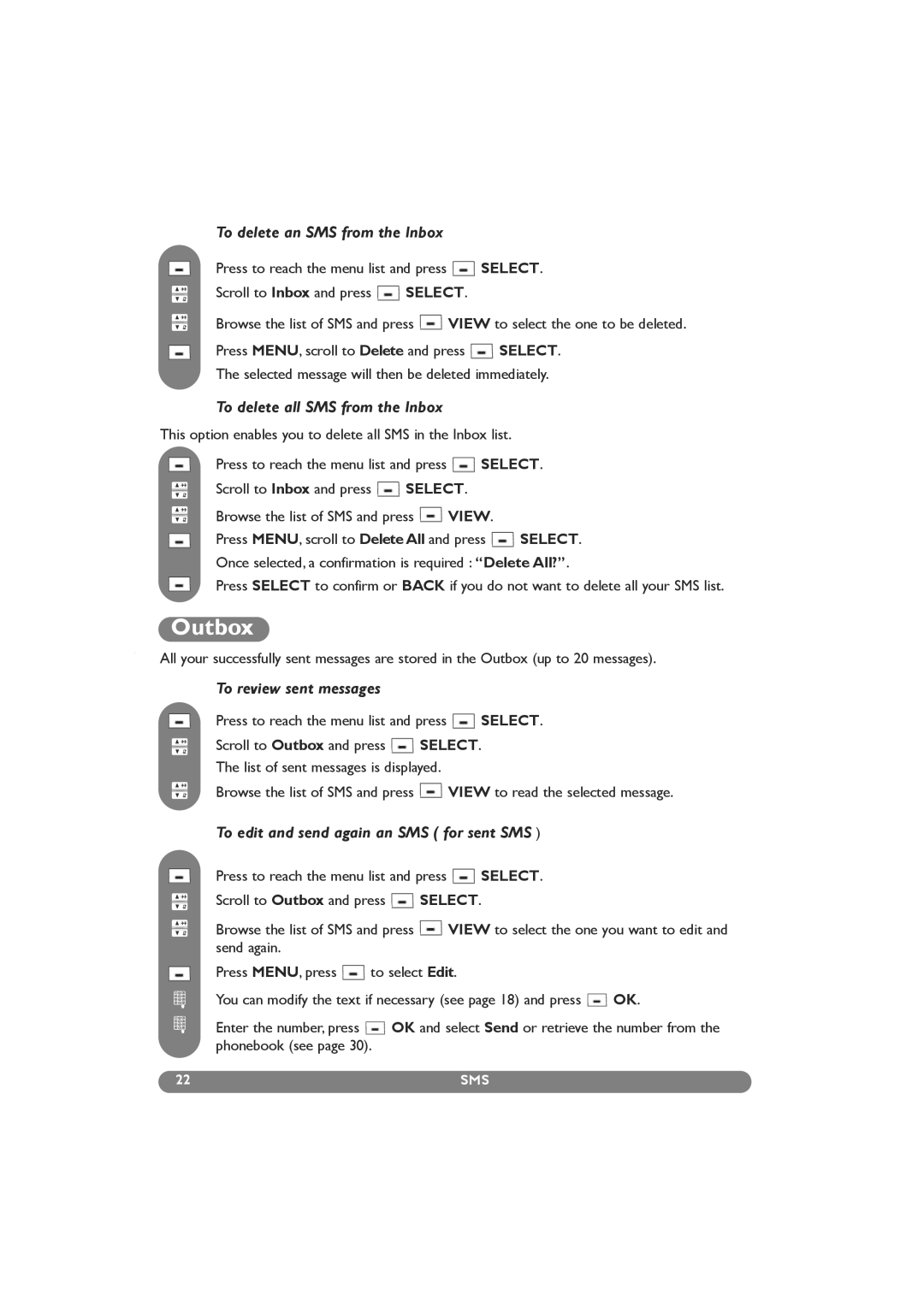 Philips DECT 629 manual Outbox, To delete an SMS from the Inbox, To delete all SMS from the Inbox, To review sent messages 