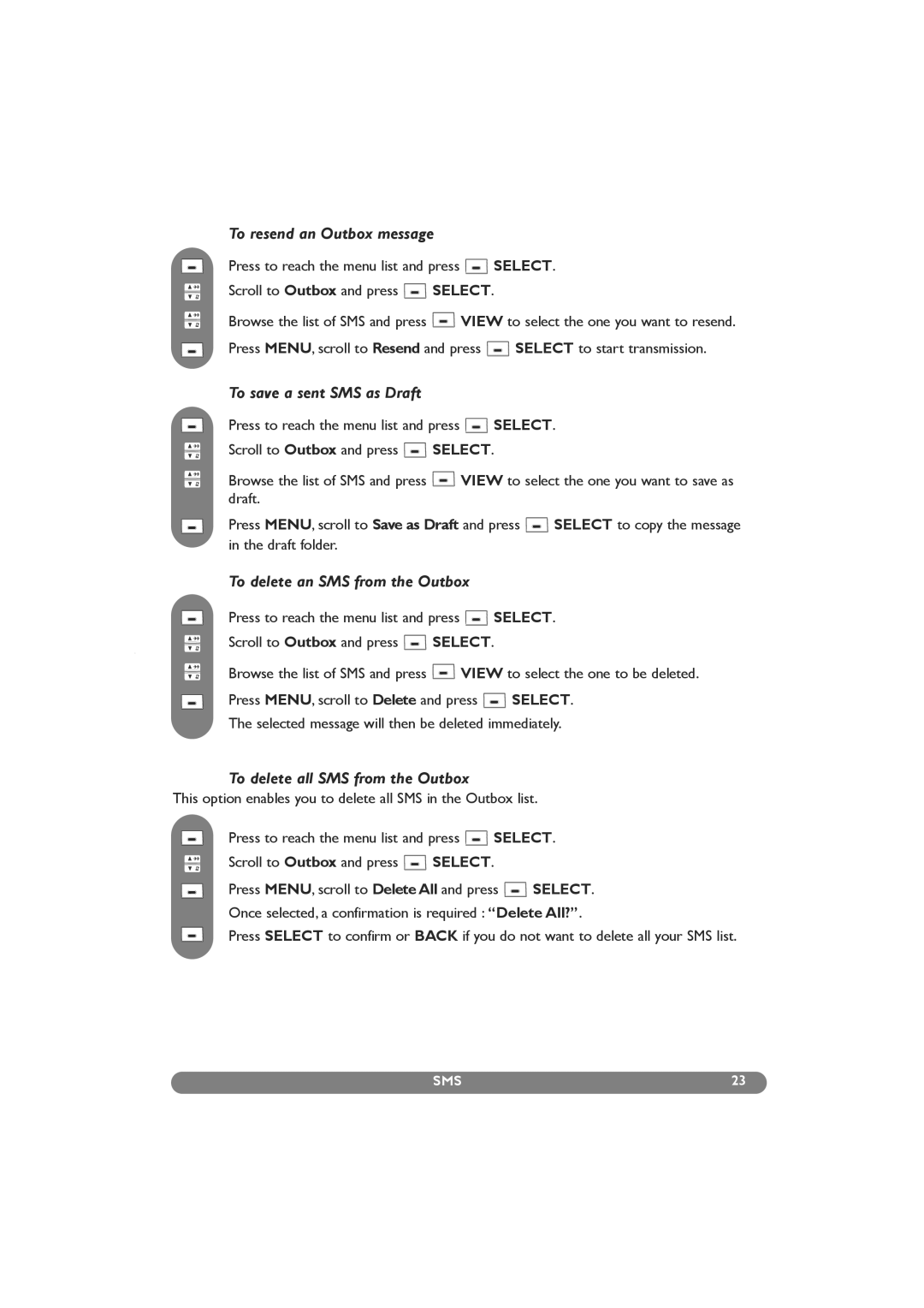 Philips DECT 627, DECT 629 manual To resend an Outbox message, To save a sent SMS as Draft, To delete an SMS from the Outbox 