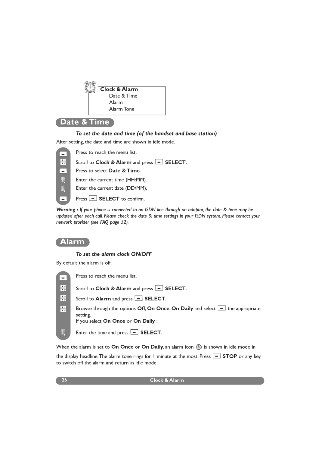 Philips DECT 629, DECT 627 manual Date & Time, Clock & Alarm, To set the date and time of the handset and base station 