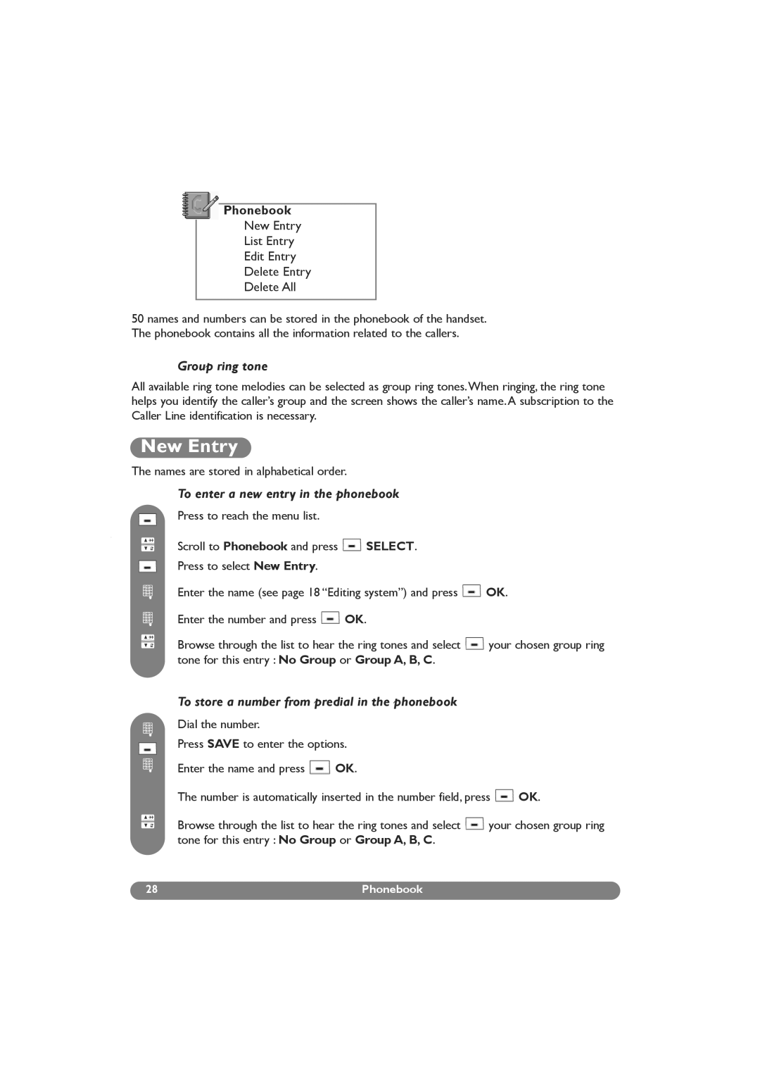 Philips DECT 629, DECT 627 manual New Entry, Phonebook, Group ring tone, To enter a new entry in the phonebook 