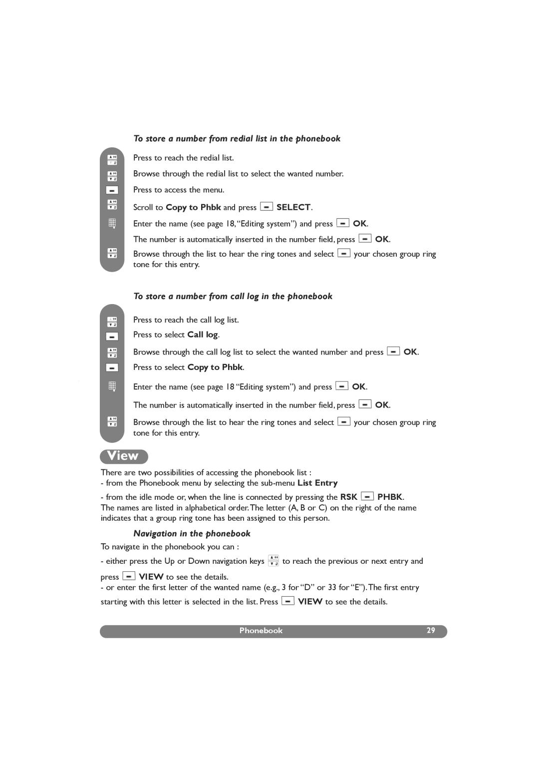 Philips DECT 627, DECT 629 manual View, To store a number from redial list in the phonebook, Navigation in the phonebook 