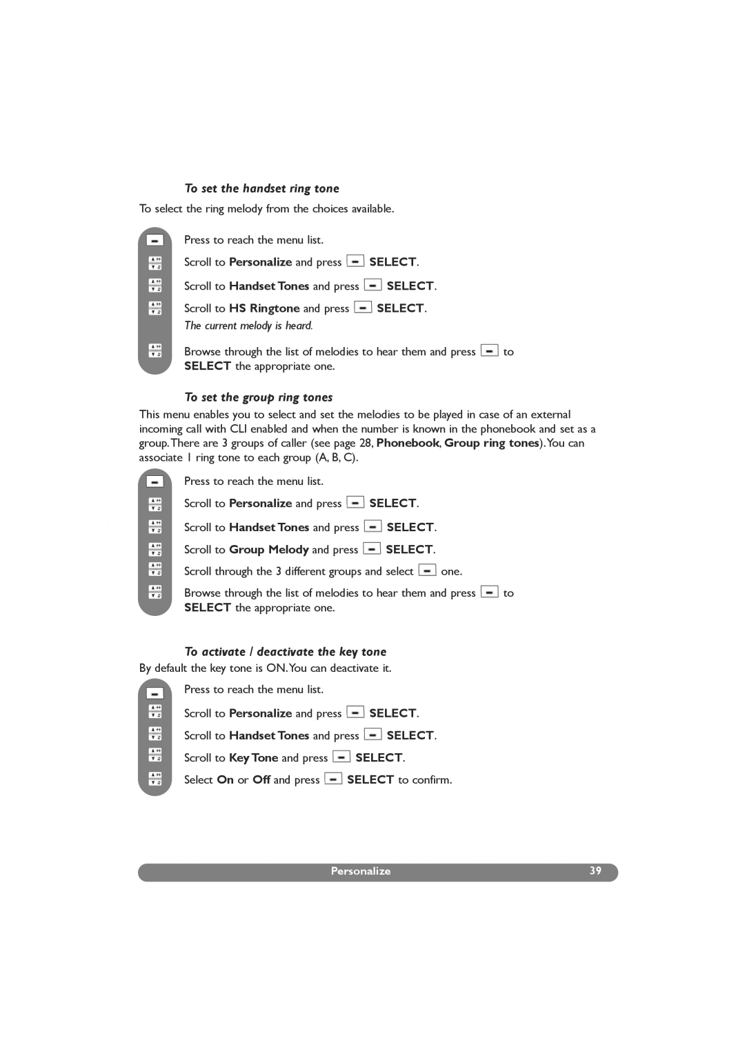 Philips DECT 627 manual To set the handset ring tone, To set the group ring tones, To activate / deactivate the key tone 