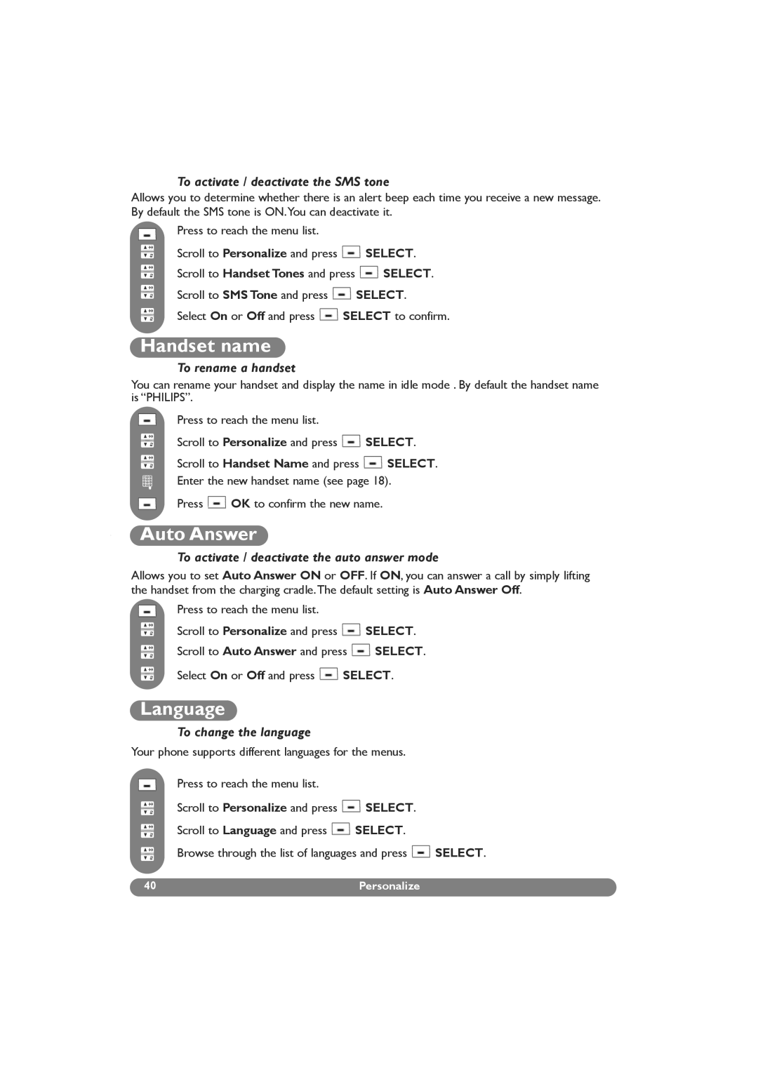 Philips DECT 629, DECT 627 manual Handset name, Auto Answer, Language 