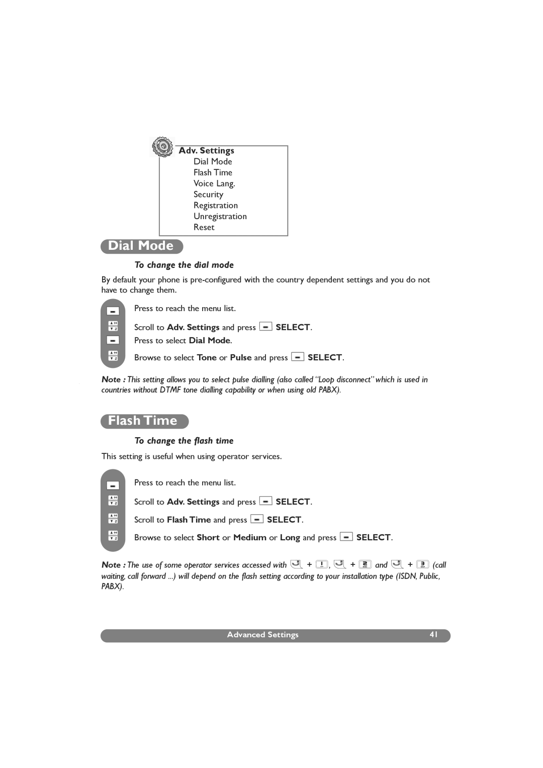 Philips DECT 627, DECT 629 manual Dial Mode, Flash Time, Adv. Settings, To change the dial mode, To change the flash time 