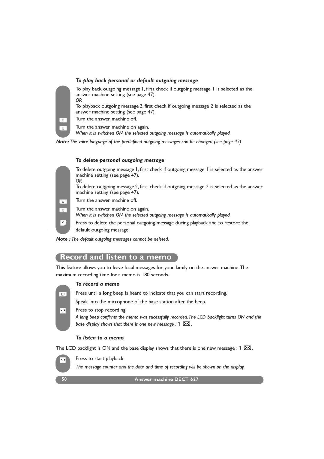 Philips DECT 629 manual Record and listen to a memo, To play back personal or default outgoing message, To record a memo 