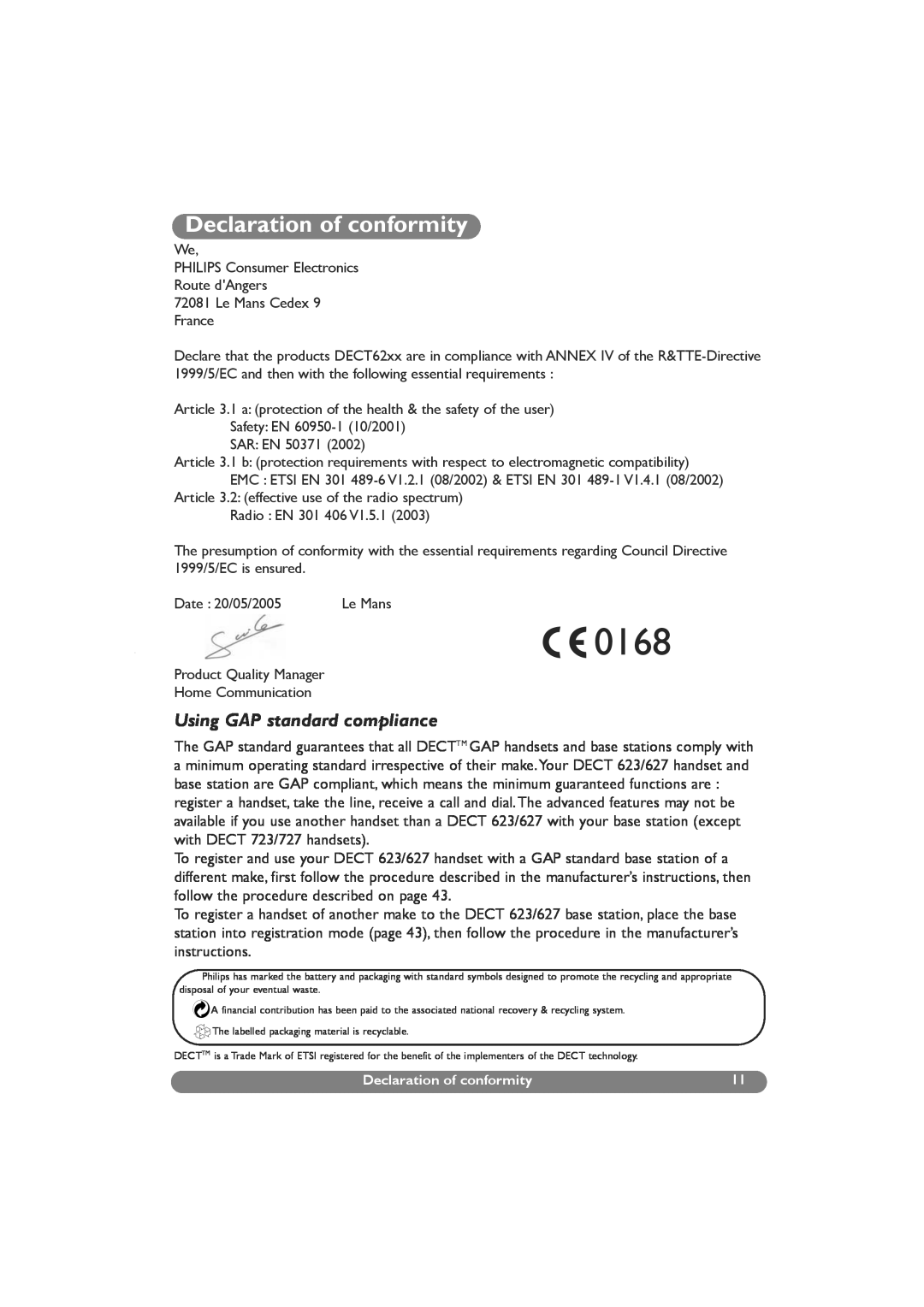 Philips DECT 627, DECT 629 manual Declaration of conformity, Using GAP standard compliance, 0168 
