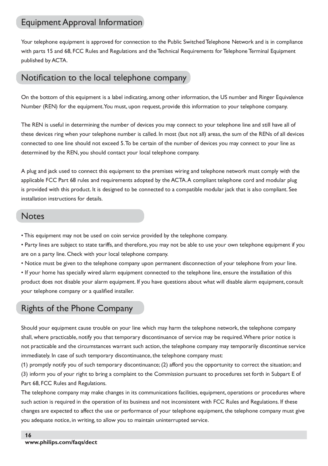 Philips DECT2250 Equipment Approval Information, Notiﬁcation to the local telephone company, Rights of the Phone Company 