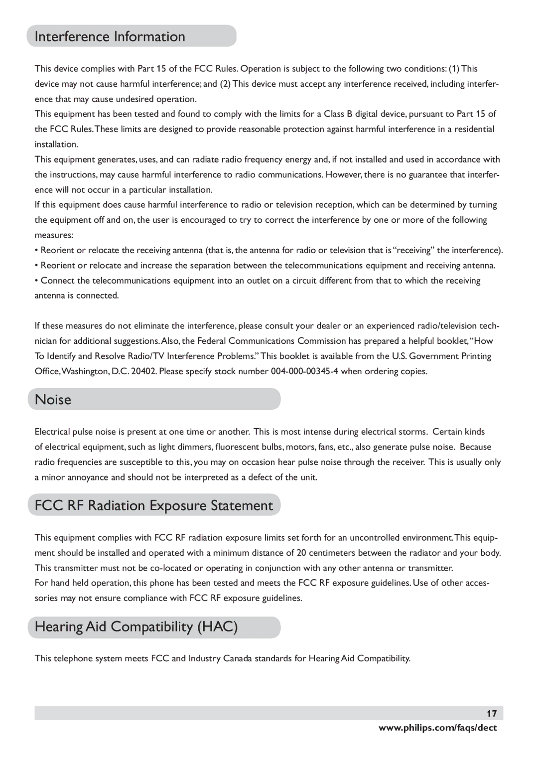 Philips DECT2250 Interference Information, Noise, FCC RF Radiation Exposure Statement, Hearing Aid Compatibility HAC 