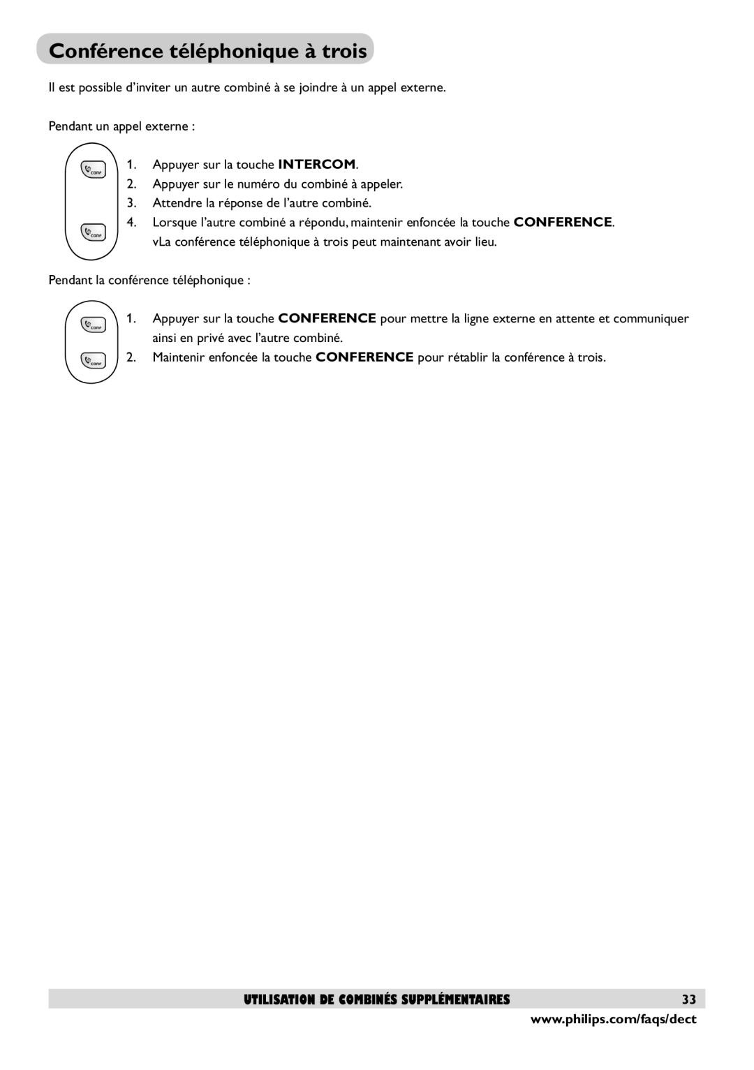 Philips DECT2250 user manual Conférence téléphonique à trois 