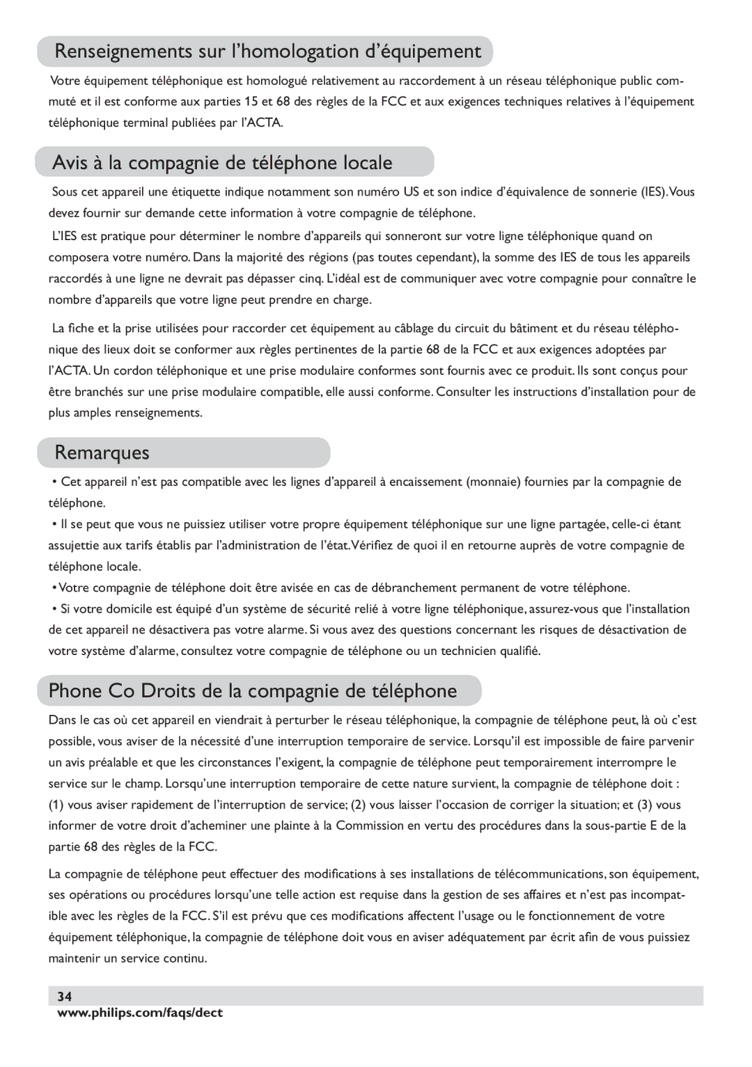 Philips DECT2250 Renseignements sur l’homologation d’équipement, Avis à la compagnie de téléphone locale, Remarques 