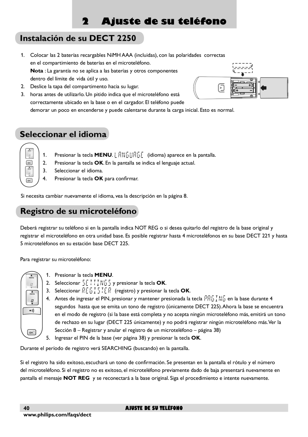 Philips DECT2250 Ajuste de su teléfono, Instalación de su Dect, Seleccionar el idioma, Registro de su microteléfono 